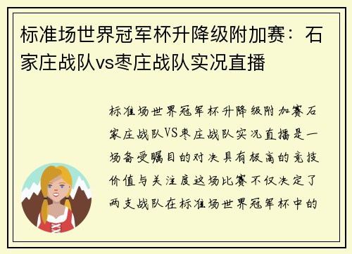 标准场世界冠军杯升降级附加赛：石家庄战队vs枣庄战队实况直播