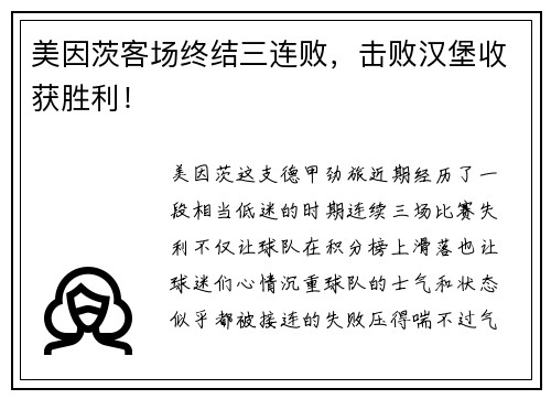 美因茨客场终结三连败，击败汉堡收获胜利！
