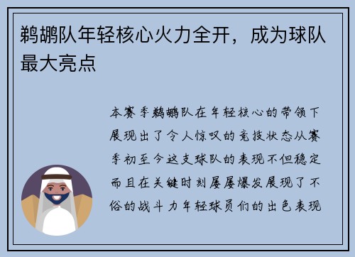 鹈鹕队年轻核心火力全开，成为球队最大亮点